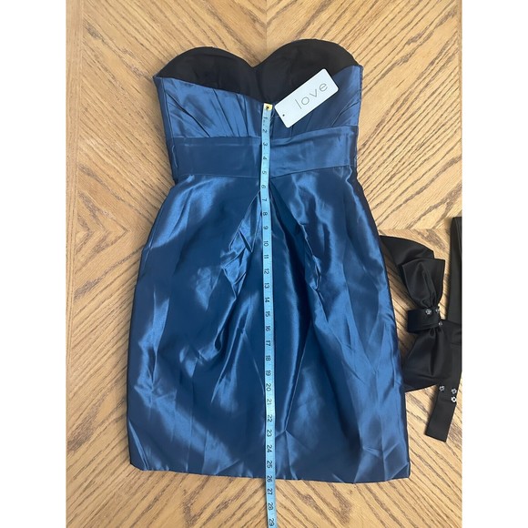 Blue Satin Cocktail Dress Bow Belt Gathered Bustier Strapless Bra Insert Size 8 - Picture 6 of 11